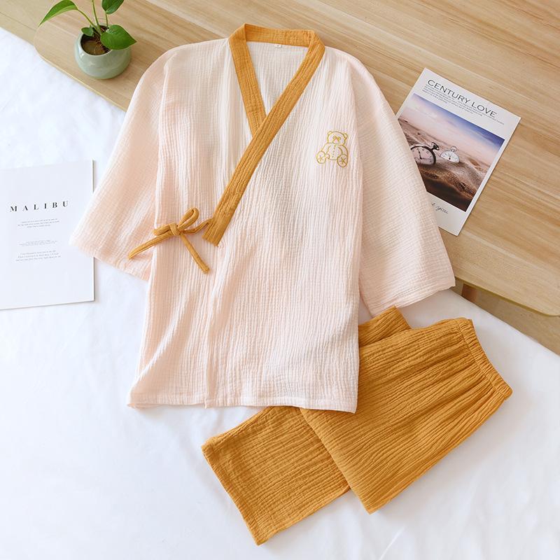 Jarní/Letní Nový Japonský Kimono Oblek Dámský 100% Bavlna Krep Pyžamo Dlouhý Rukáv Kalhoty Dvoudílný Volný Šněrovací Domácí Oblečení
