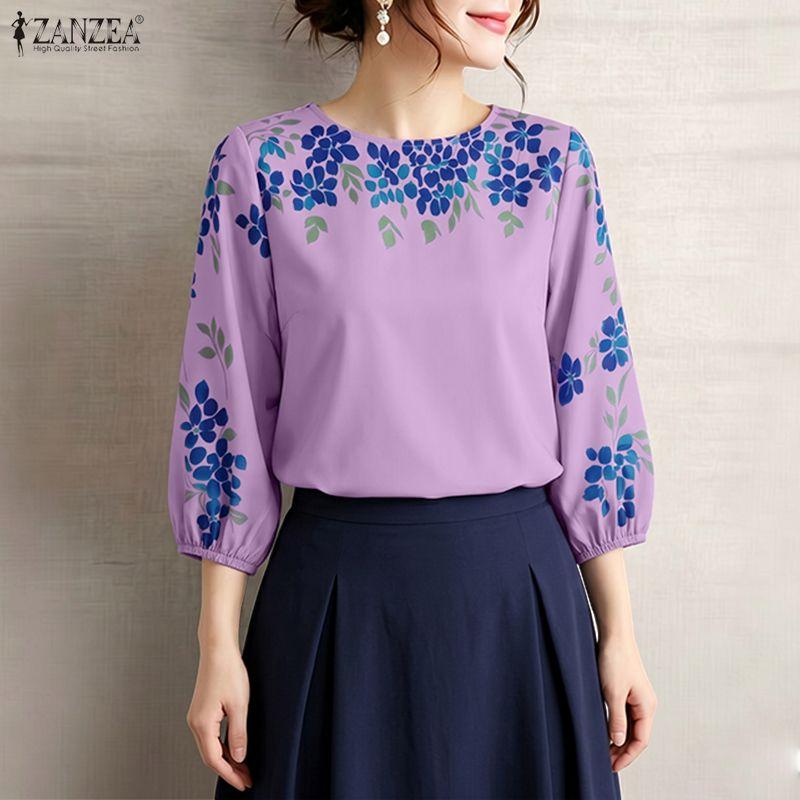 ZANZEA Women Casual Round Neck Floral Print Loose 3/4 Sleeve Blouse