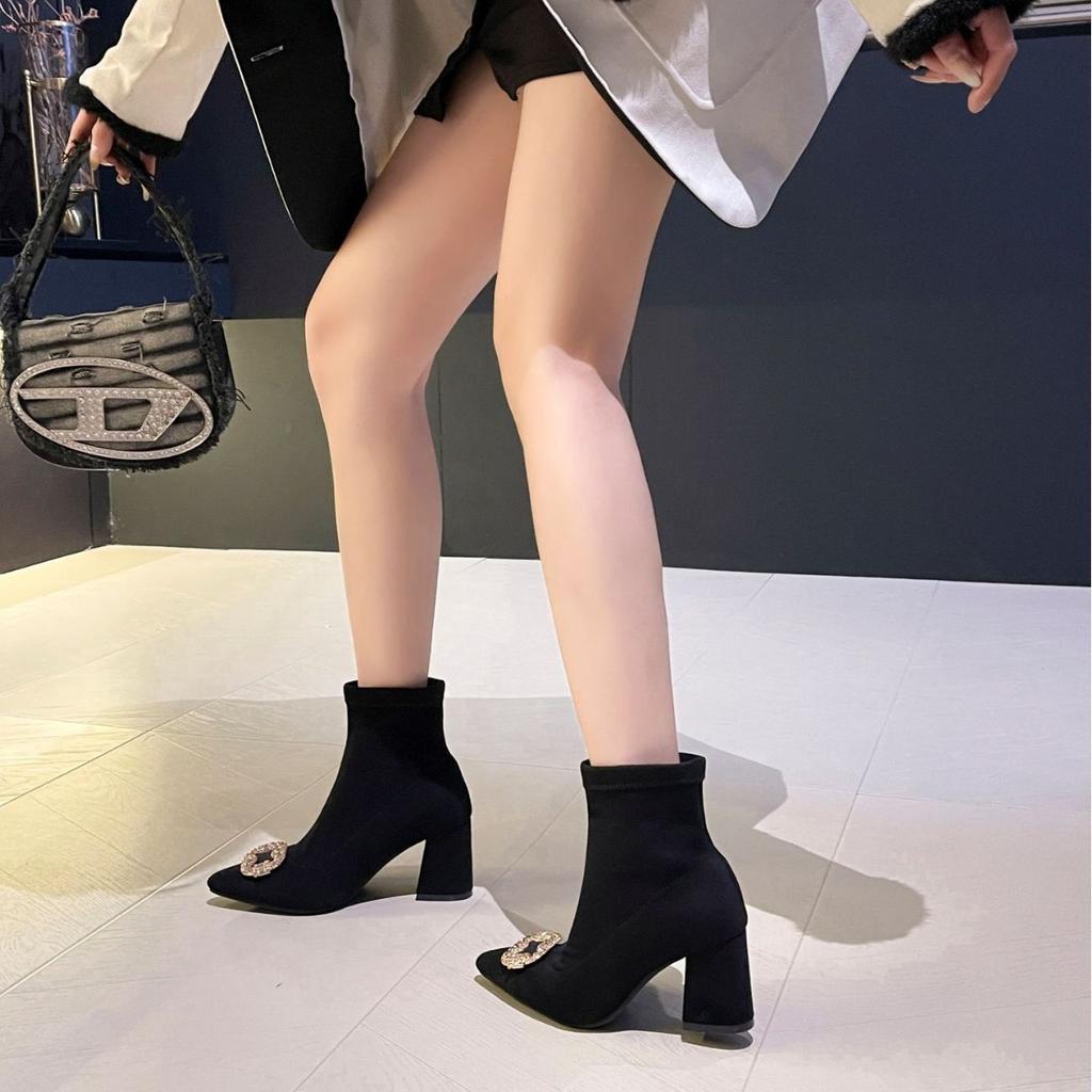 Pointed suede autumn and winter new fashion high-heeled short boots women's rhinestone square buckle low tube fashion boots solid color thin boots