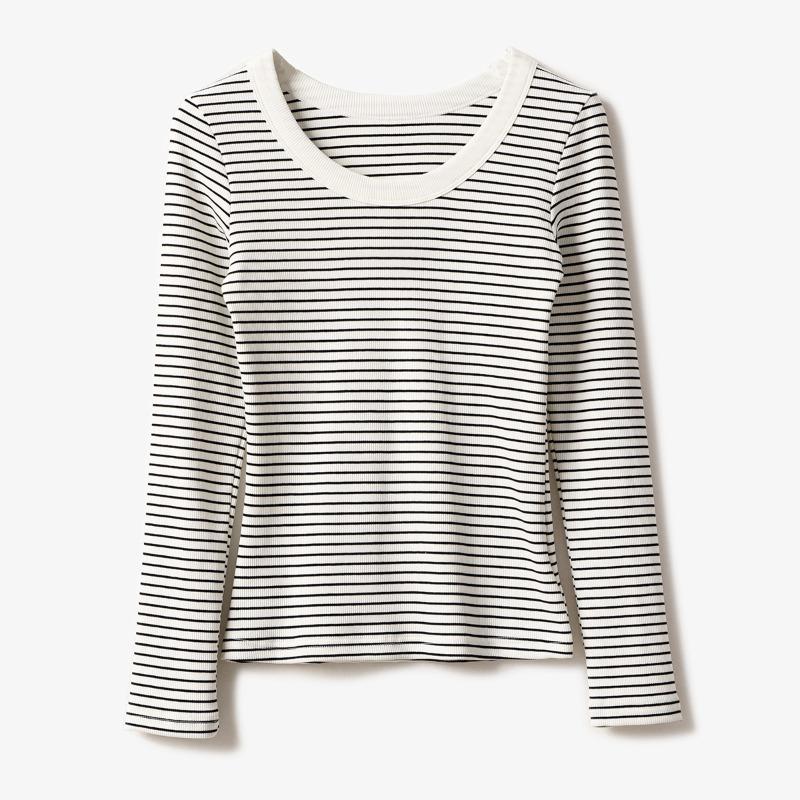 Spring Autumn Round Neck Vintage Striped Printing T-shirt Women Long Sleeve All-match Cotton Bottomed Tee Top