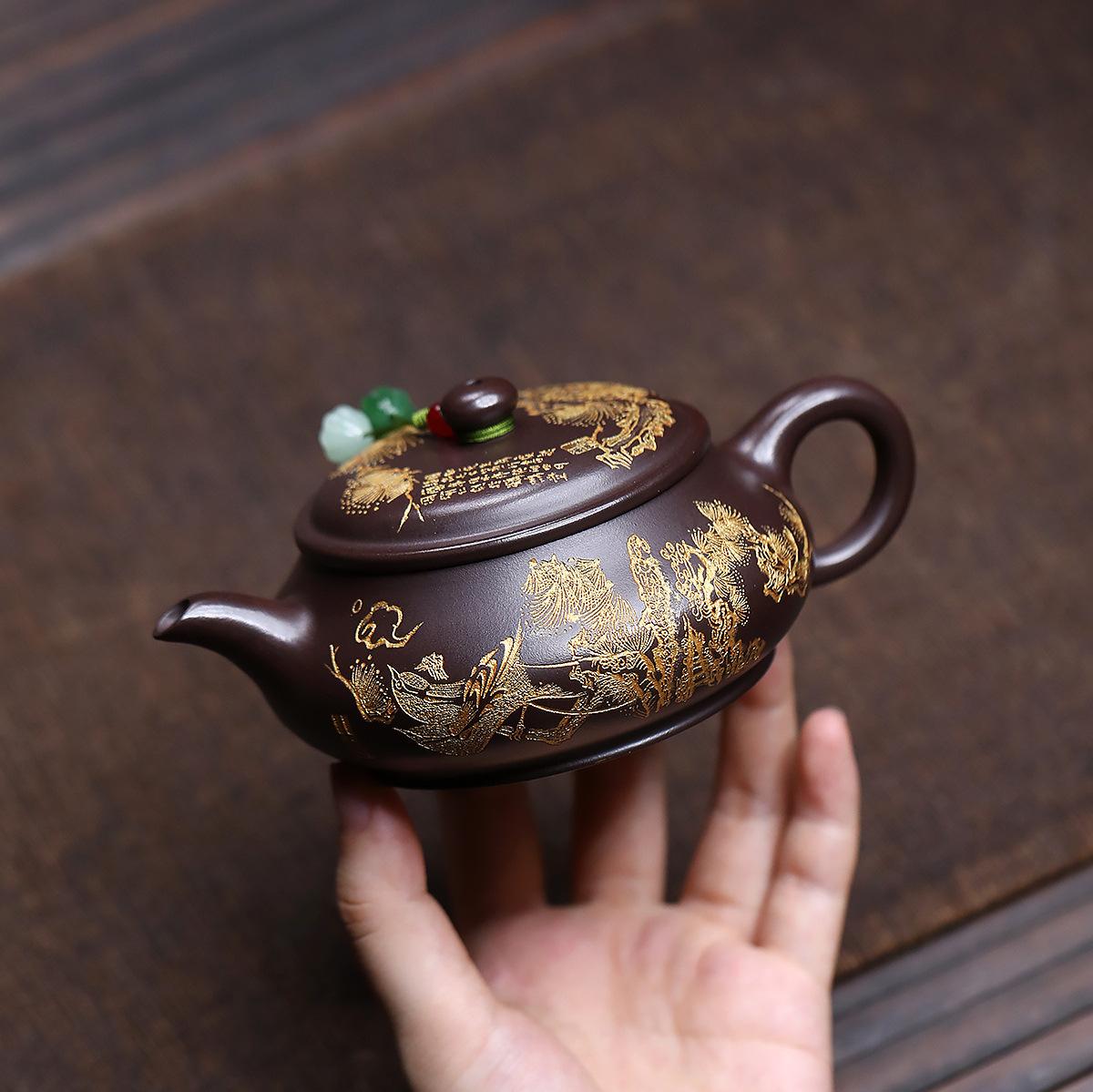 200ml Handmade Yixing Purple Clay Teapots Handmade Gold Drawing Pot Raw Ore Purple Mud Kettle With Filter Zisha Teaset Ornaments