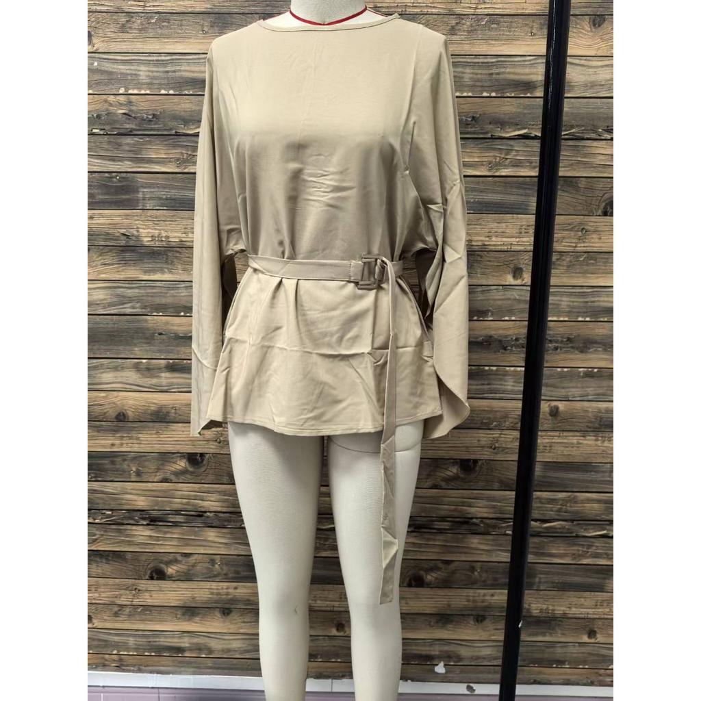 Solid Color Belted Batwing Sleeve Top, Fashion Casual Elegant Spring Summer Daily Wear