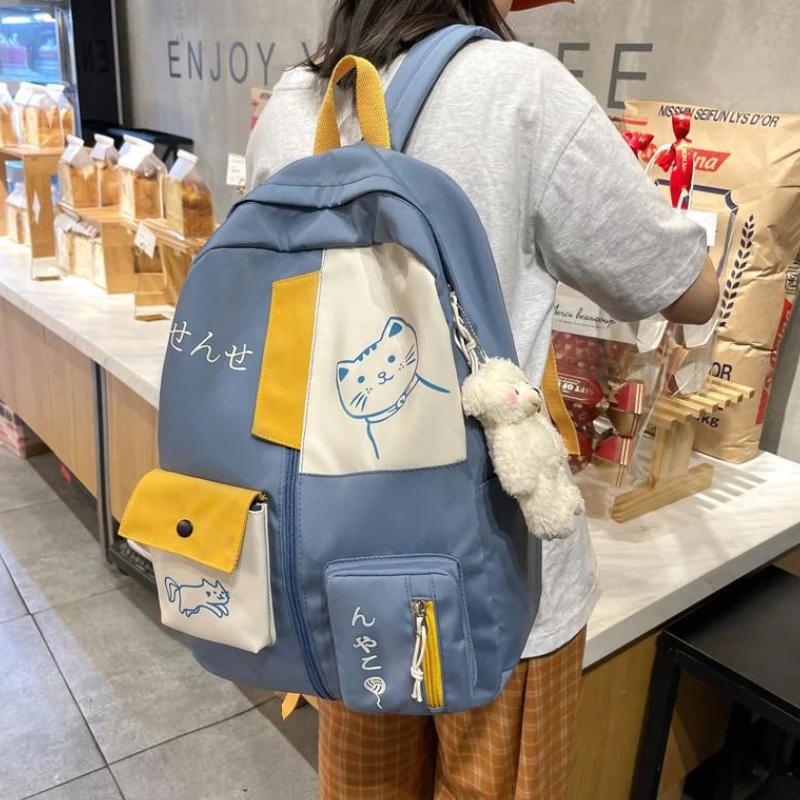 Korean Cute Cartoon Cat Women's Backpack Junior High School Students Schoolbag Large Capacity Nylon Waterproof Travel Backpack