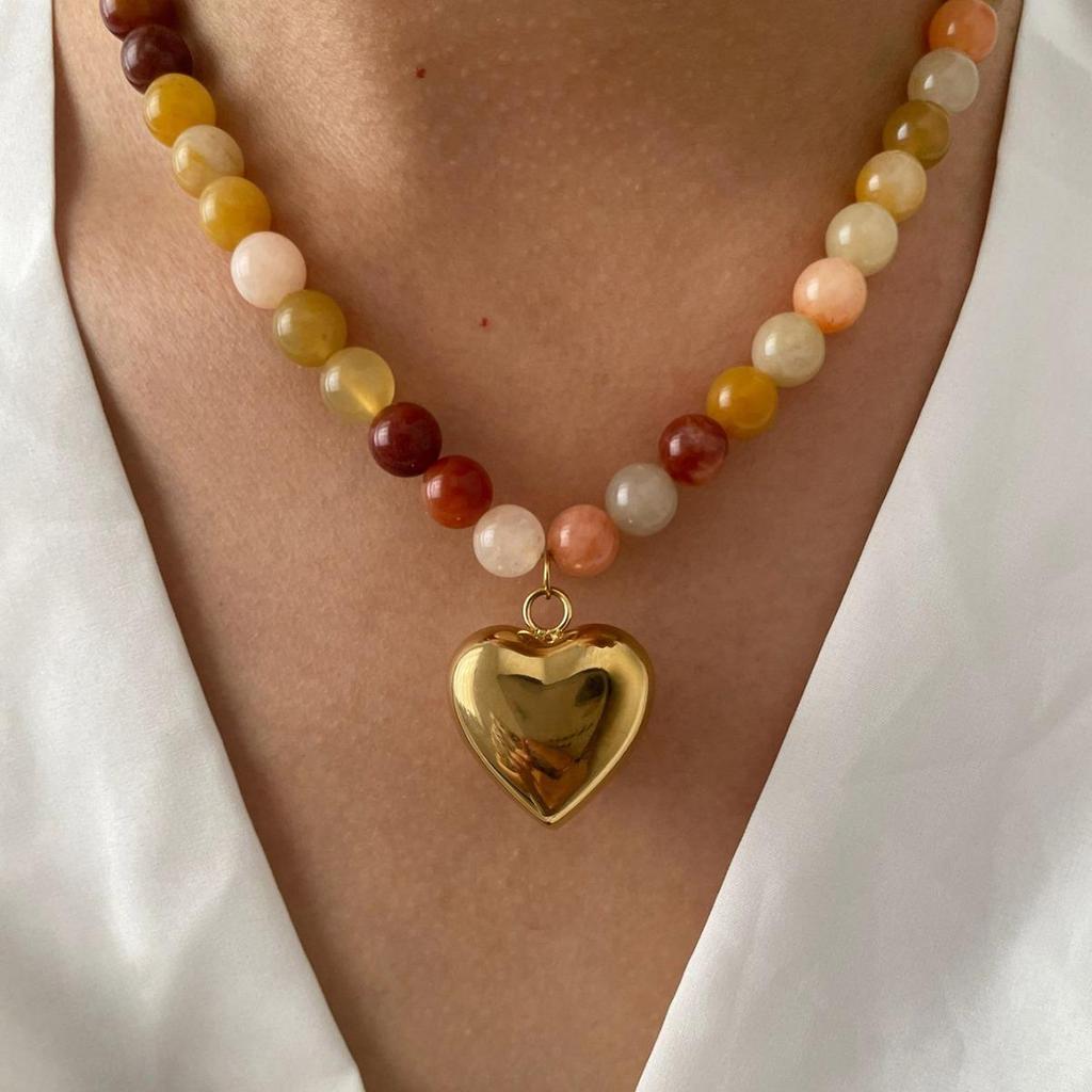 Bohemia Multicolor Stone Handmade Beaded Chain Gold Plated Heart Pendant Necklace for Women