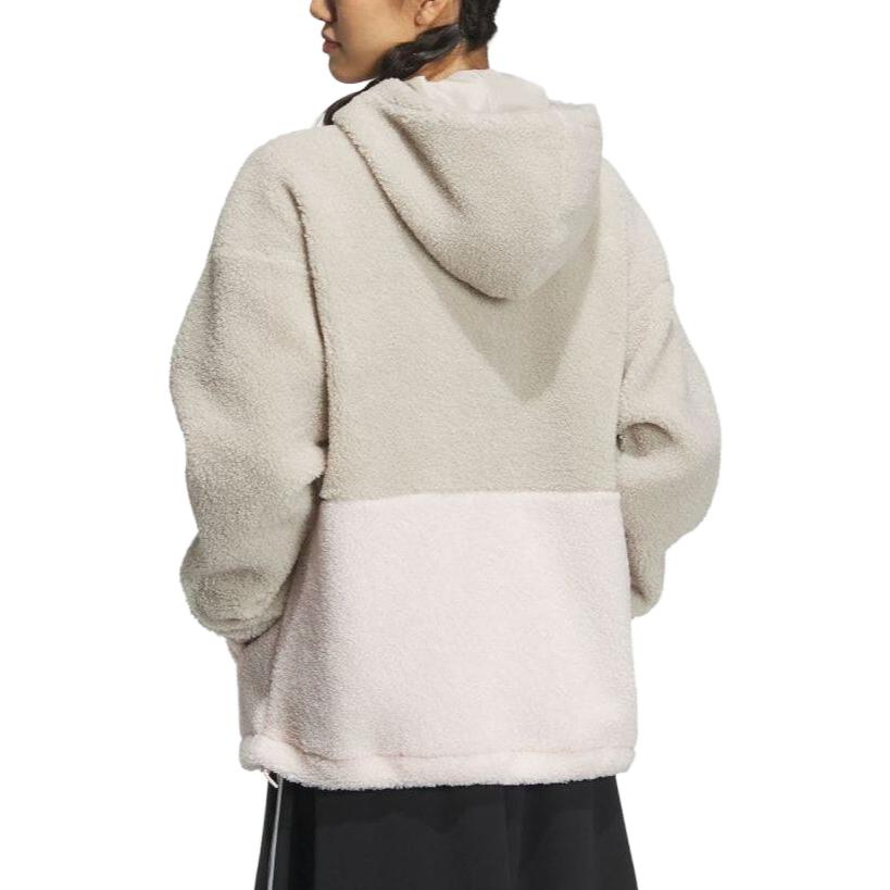 adidas Color Block Loose Fit Zip Up Hooded Drawstring Fleece Jacket Women Jackets Beige IK9863