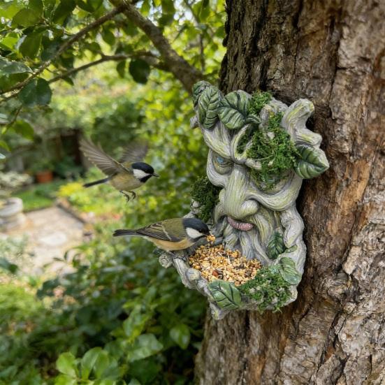Baumgesicht Vogelhäuschen, Alte Mann Baumgesicht Statue Vogelhäuschen, Outdoor Gartenkunst Dekor, Harz Skulptur Dekoratives Vogelhäuschen für Hinterhofbäume