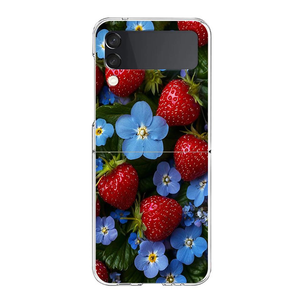 Transparent Phone Case For Samsung Galaxy Z Flip 3 4 5 6 7 Hard Folding PC Z Flip3 Flip4 Cover Summer Strawberry Flowers Print