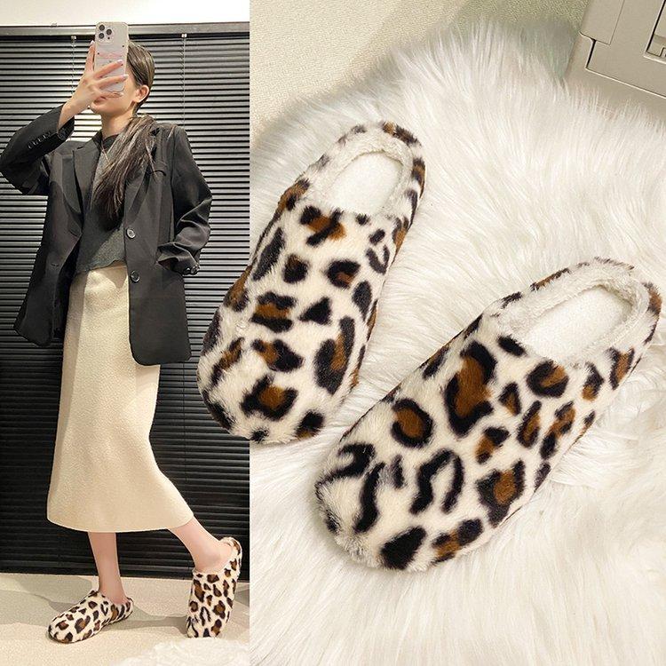 Women's Baotou Leopard Plush Slippers Padded Warm Winter Thick Bottom Heightened Home Slippers Casual Hiking Indoor Shoes Snow Cotton Slippers