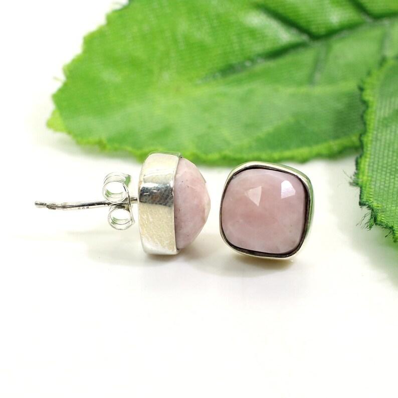Solid 925 Sterling Silver Pink Opal Cushion Studs Earrings Handmade Jewelry Gift For Her