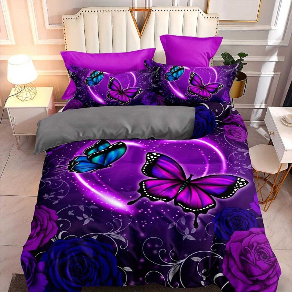 Enchanting Butterfly Rose Floral 3D Bedding Set Breathable Duvet Cover Set King Queen Twin Single Size Bithday Gift for Girls