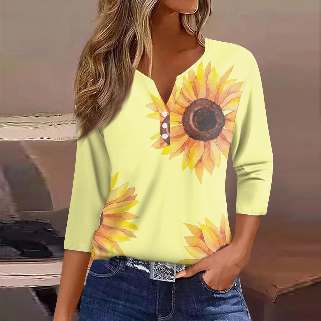 Women's T-Shirt Print Button 3/4 Sleeve Daily Weekend Fashion Basic V-Neck Regular Top
