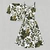 Women Plus Size Two Piece Dress Set Floral Printed V Neck Short Sleeve Tie Front Shrug Strappy Flared Dress White Blue
