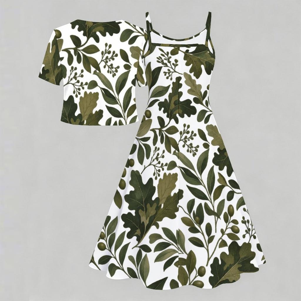 Women Plus Size Two Piece Dress Set Floral Printed V Neck Short Sleeve Tie Front Shrug Strappy Flared Dress White Blue