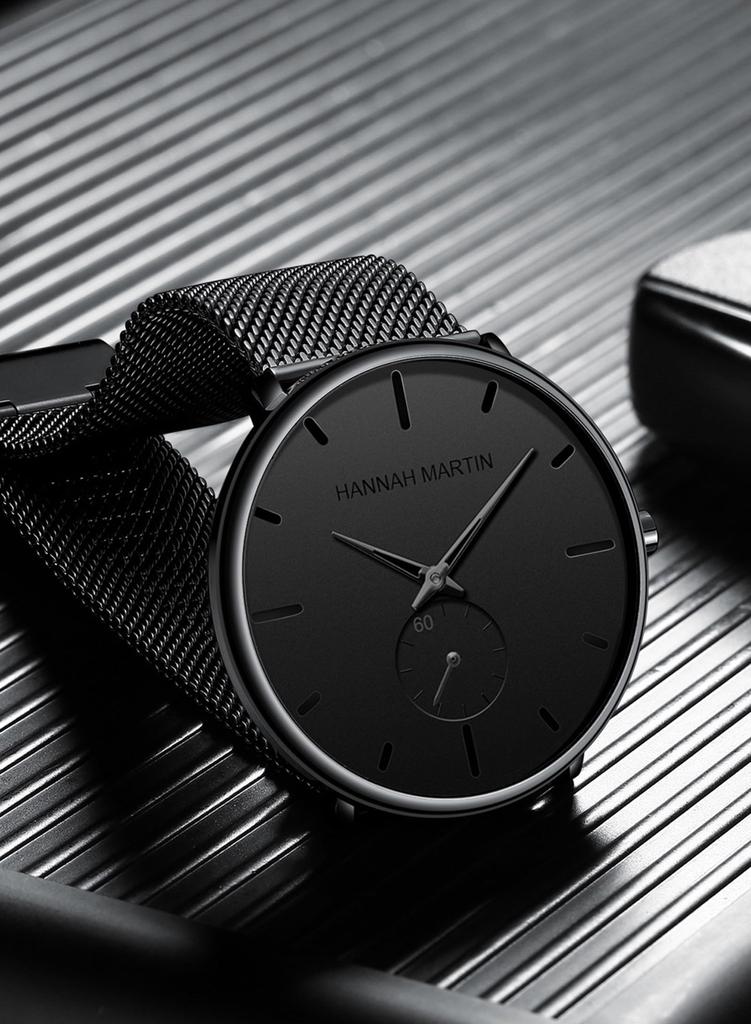 Hannah Martin Black Waterproof Dress Watch with Stainless Steel Band Men's Ultra-Thin (Blue)