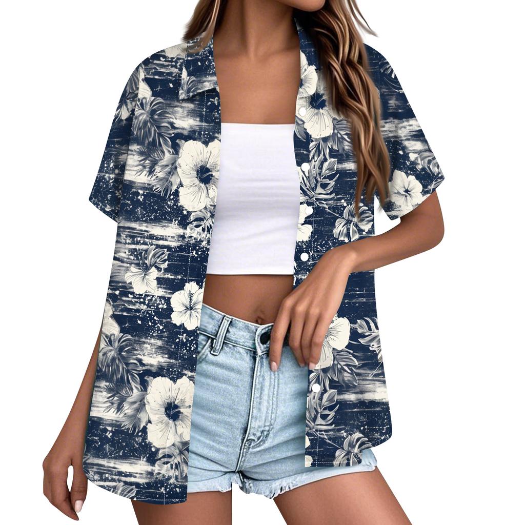 Womens Spring Tops Button Down Short Sleeve Leaf Print Shirt Summer Shirts for Women Casual Loose Fit Blouse Womens Summer Shirts