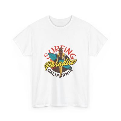 T-Shirt Surfing Paradise | Grafica Surf Retrò California, Camicia Tropicale