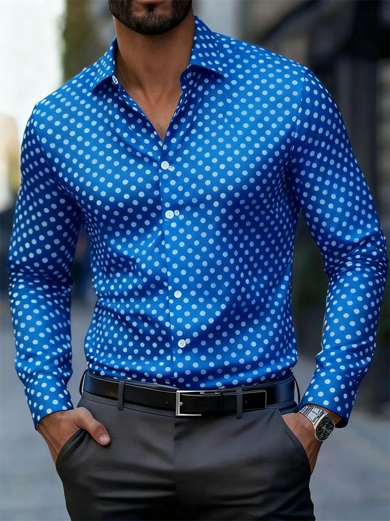 Camisa de Manga Larga con Estampado de Lunares de Moda para Hombre, Popular Camisa Versátil de Estilo Casual de Negocios, Ajuste Delgado, para el Uso Diario y el Desplazamiento, Moderna