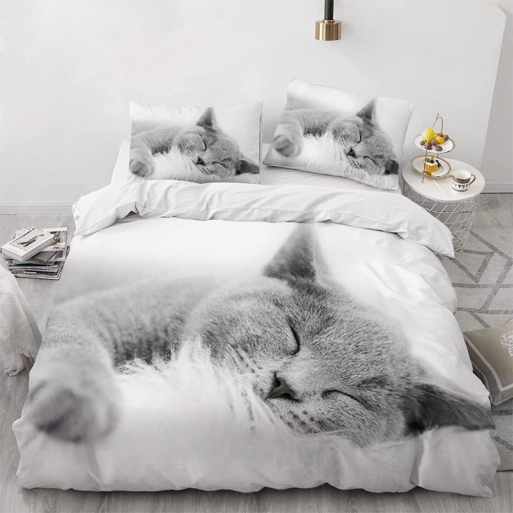 Cute Cat Duvet Cover 3D Cat Pattern 3-piece Set for Children and Adults, Bedding Set with Zipper, 2 Pillowcases, Ultra-fine Fibe