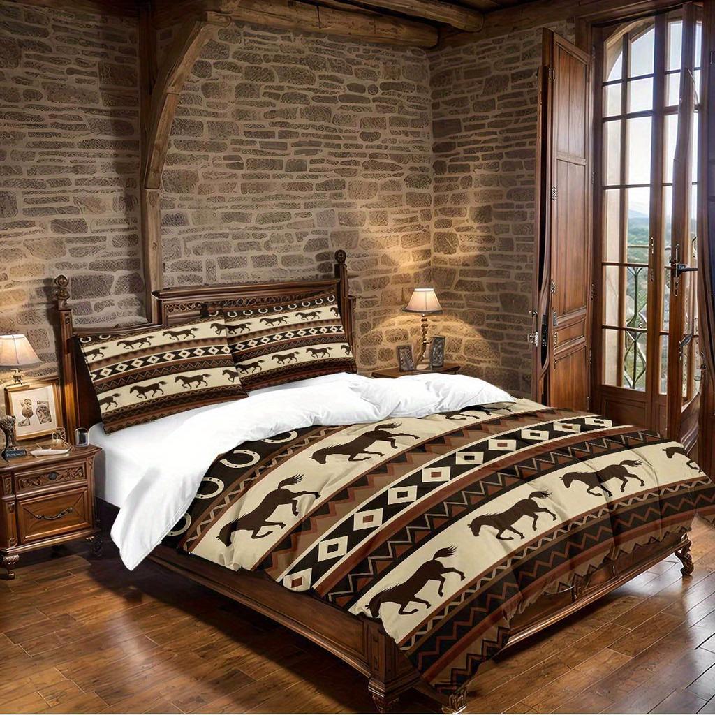 3Pcs Horse Element Design Print Pattern Bedding Set (1 Duvet Cover, 2 Pillowcases, Coreless), Retro Bohemian Pattern