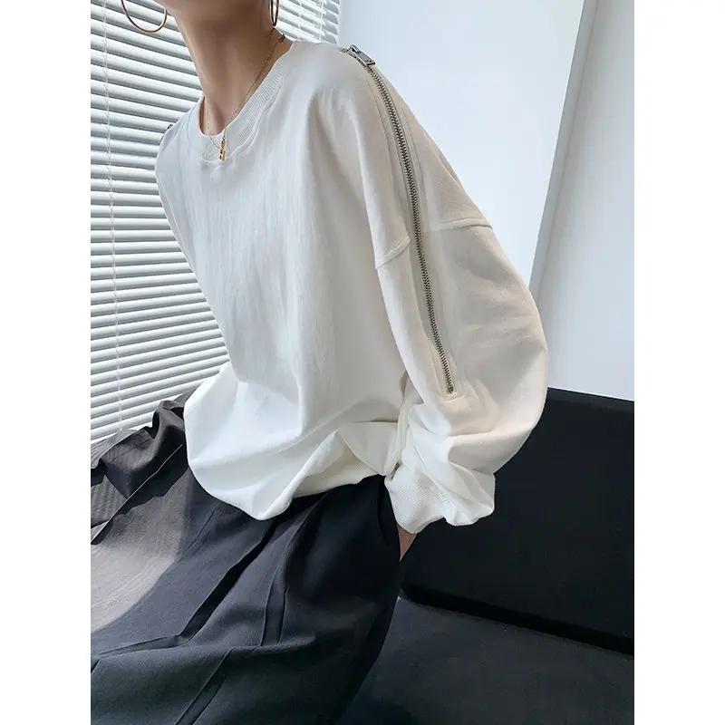 Design Zipper Off-shoulder Long Sleeve Round Neck Loose Top Women's Sweatshirt 2025 New Women's Korean Fashion