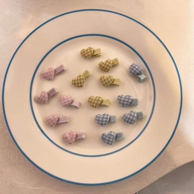 5Pcs Sweet Korean Fabric Plaid Mini Love Hairpin Cute Small Duck Bill Clip Baby Plaid Broken Hairpin
