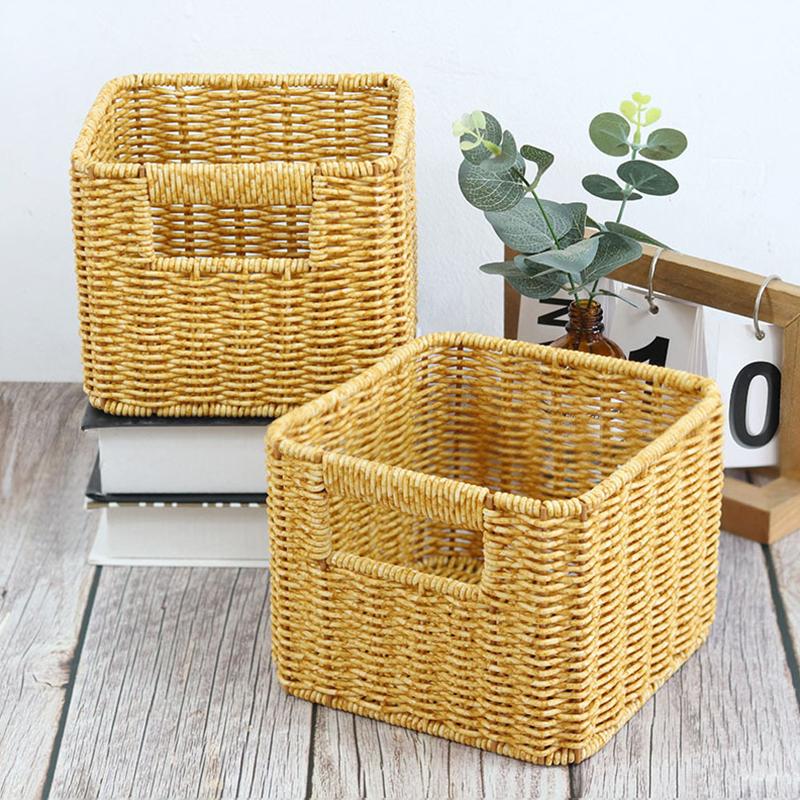 1Pc PP Simple Storage Case Practical Hand-woven Removable Imitation Rattan Desktop Organizing Box Storage Basket