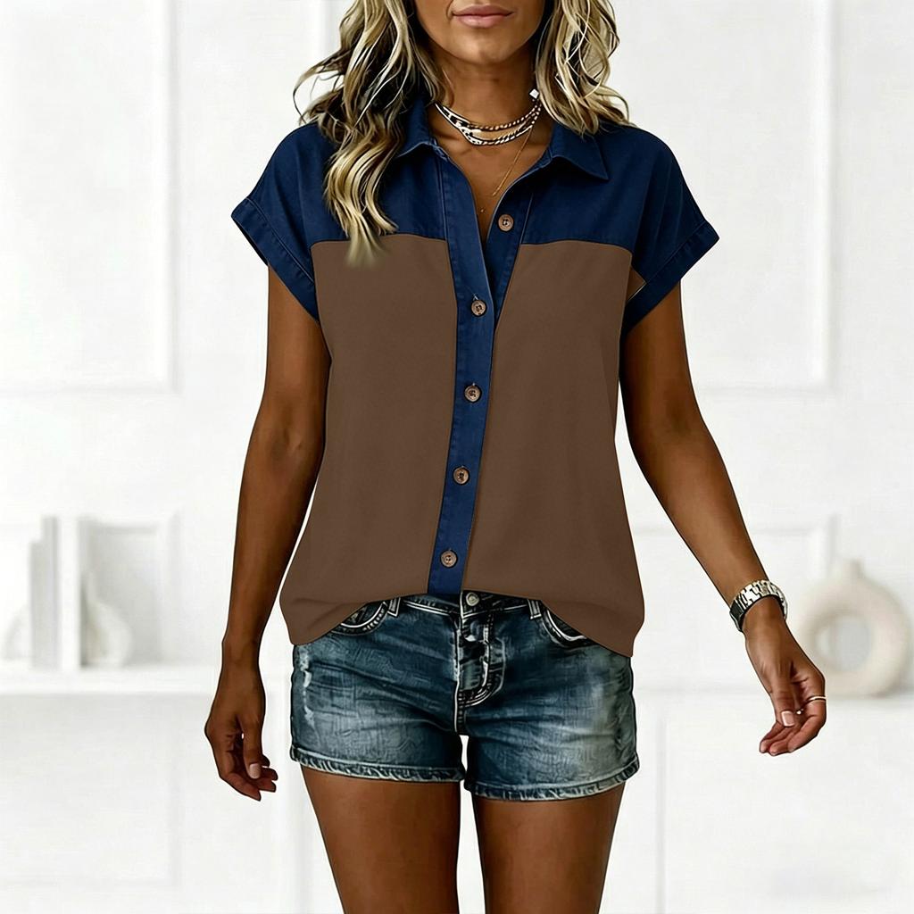 Women’s Short Sleeve Denim Button Down Shirt Casual Loose Fit Patchwork Top with Turn Down Collar for Everyday Wear