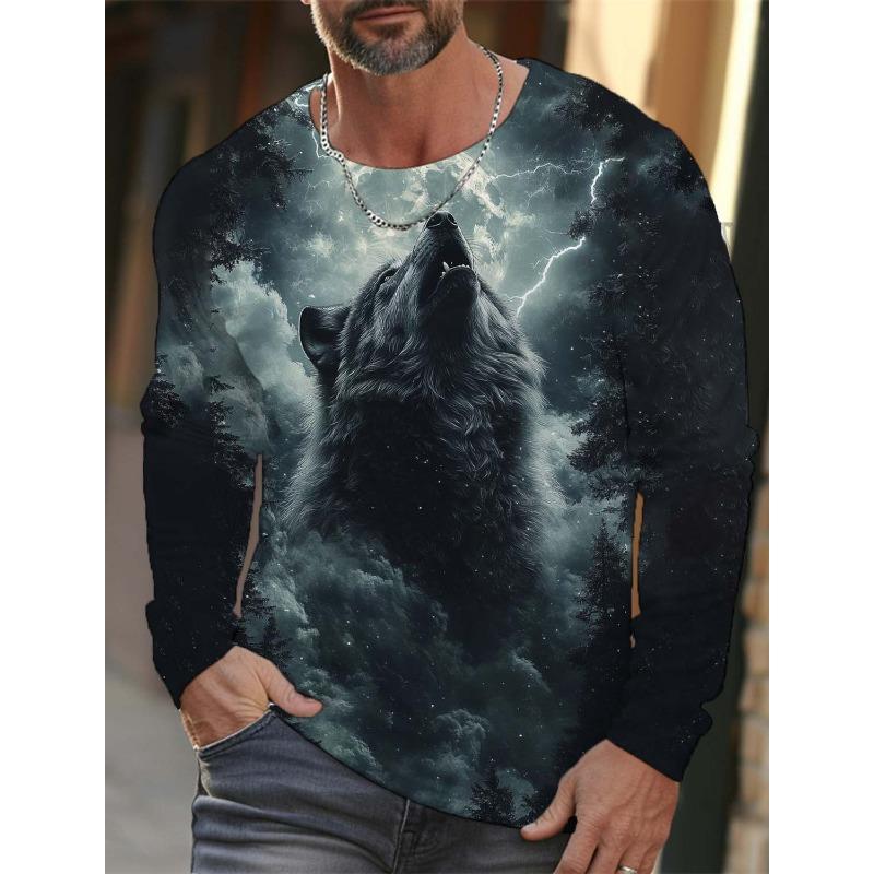 Herren Langarm T-Shirt Tiermuster Wolf 3D Druck Oberteile Tees Mode Lässig Übergroßes T-Shirt Herrenbekleidung