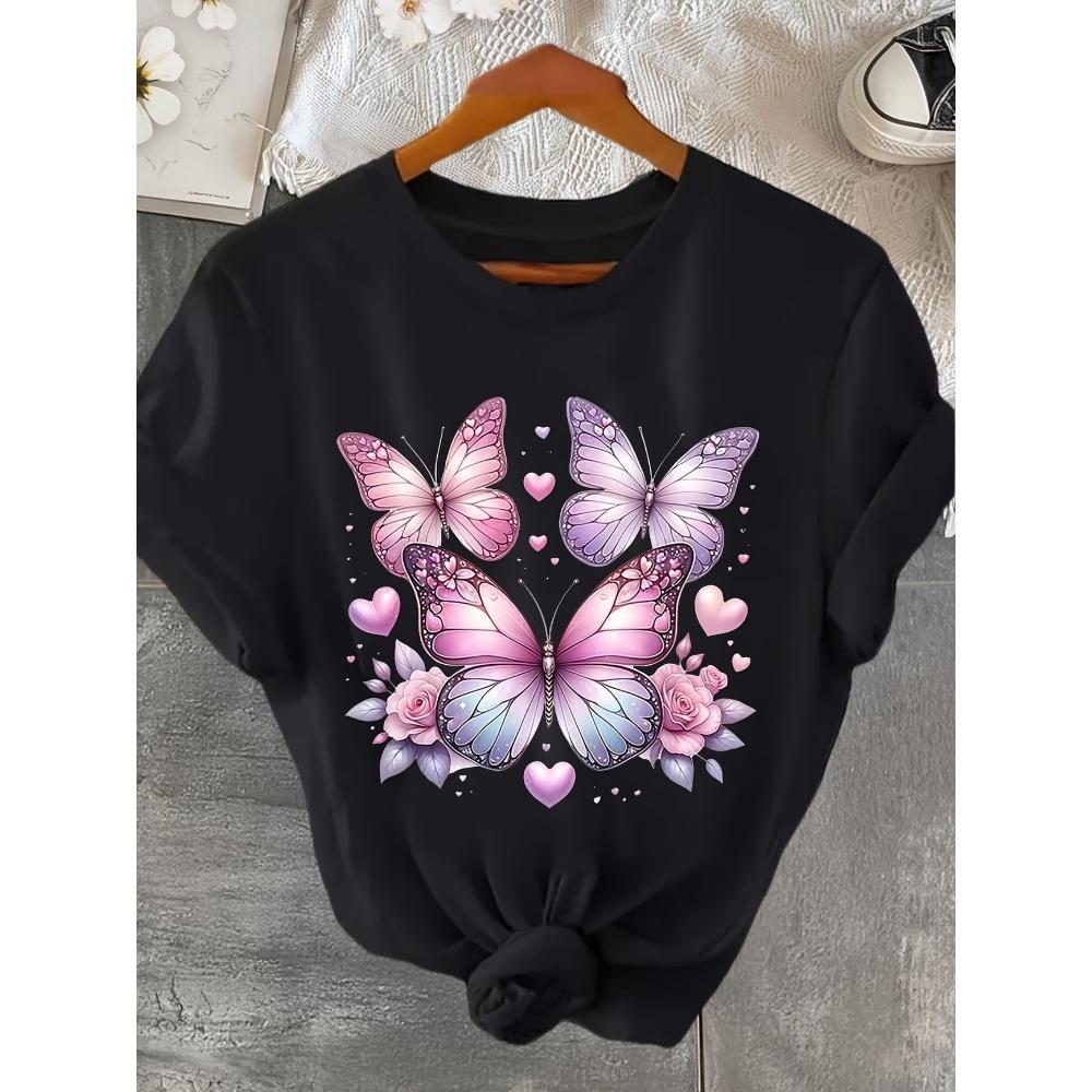 Butterfly Floral Print Women T-Shirt Summer Casual Short Sleeve Crewneck Tops Oversized Boho Flower Graphic Tee Summer Tops