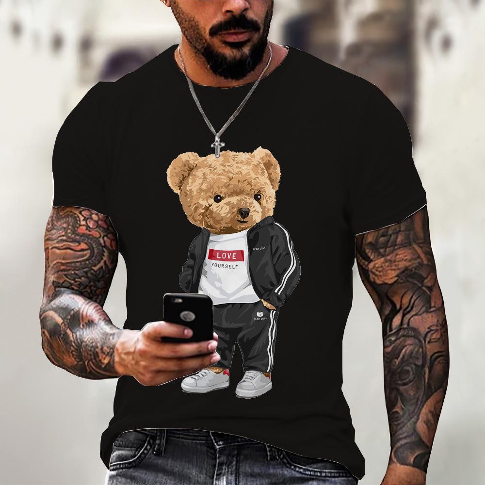 Men's T-shirt 2024 Summer New Round Neck Short Sleeved Bear 3D Printed Plus Size Top