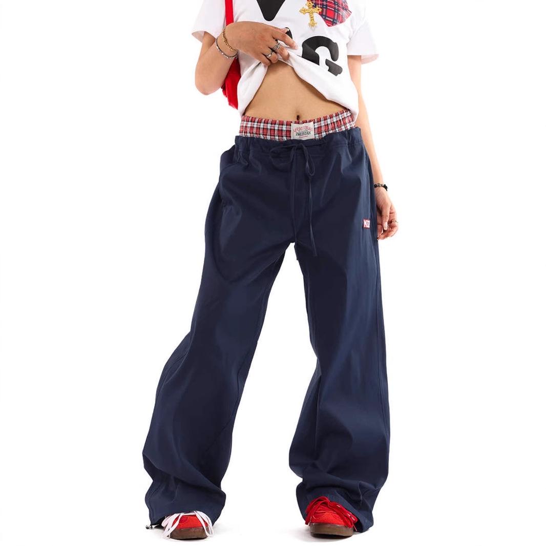 

Women s 2025 Retro Plaid Patchwork Wide-Leg Pants with Double Waistband M