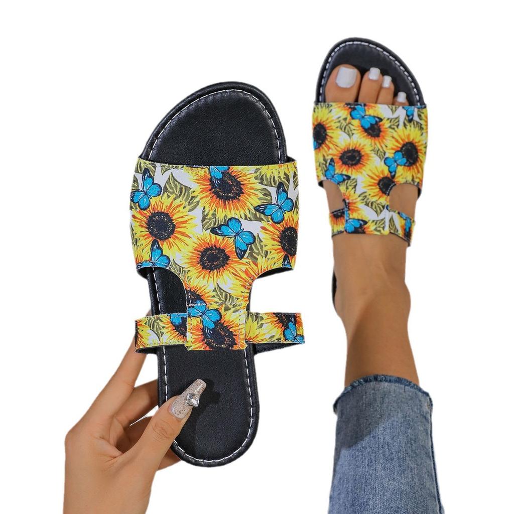 2024 Summer New Models, Breathable Printing Color Matching Roman Style Sandals Women's European and American Style Flat-bottomed Cool Slippers