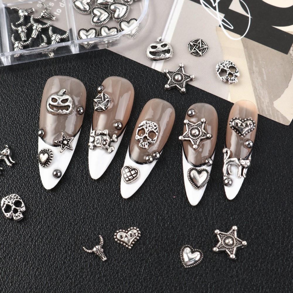 12grid Metal Silver Pumpkin/Heart/Star/Skull Nail Charms Gothic Punk Halloween Alloy Nail Gems Y2K Silver Metal Cross Nail Decor
