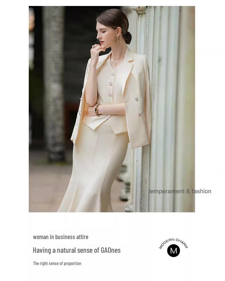 AD Women's High-End Light Beige Cinched Waist Suit: Spring 2025 Blazer & Vest Three-Piece Set