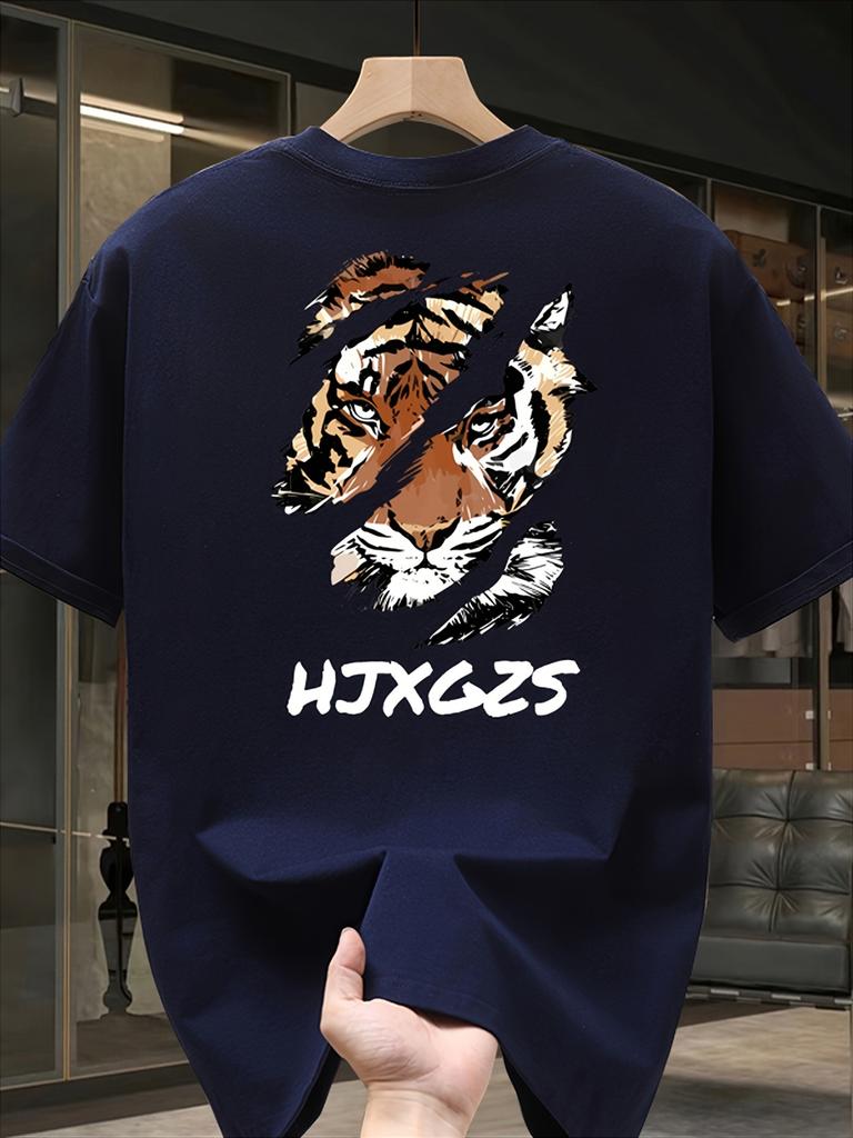 Mens cotton tshirt  Summer 2024 crew neck regular fit bold tiger head and HXGS print casual and versatile top