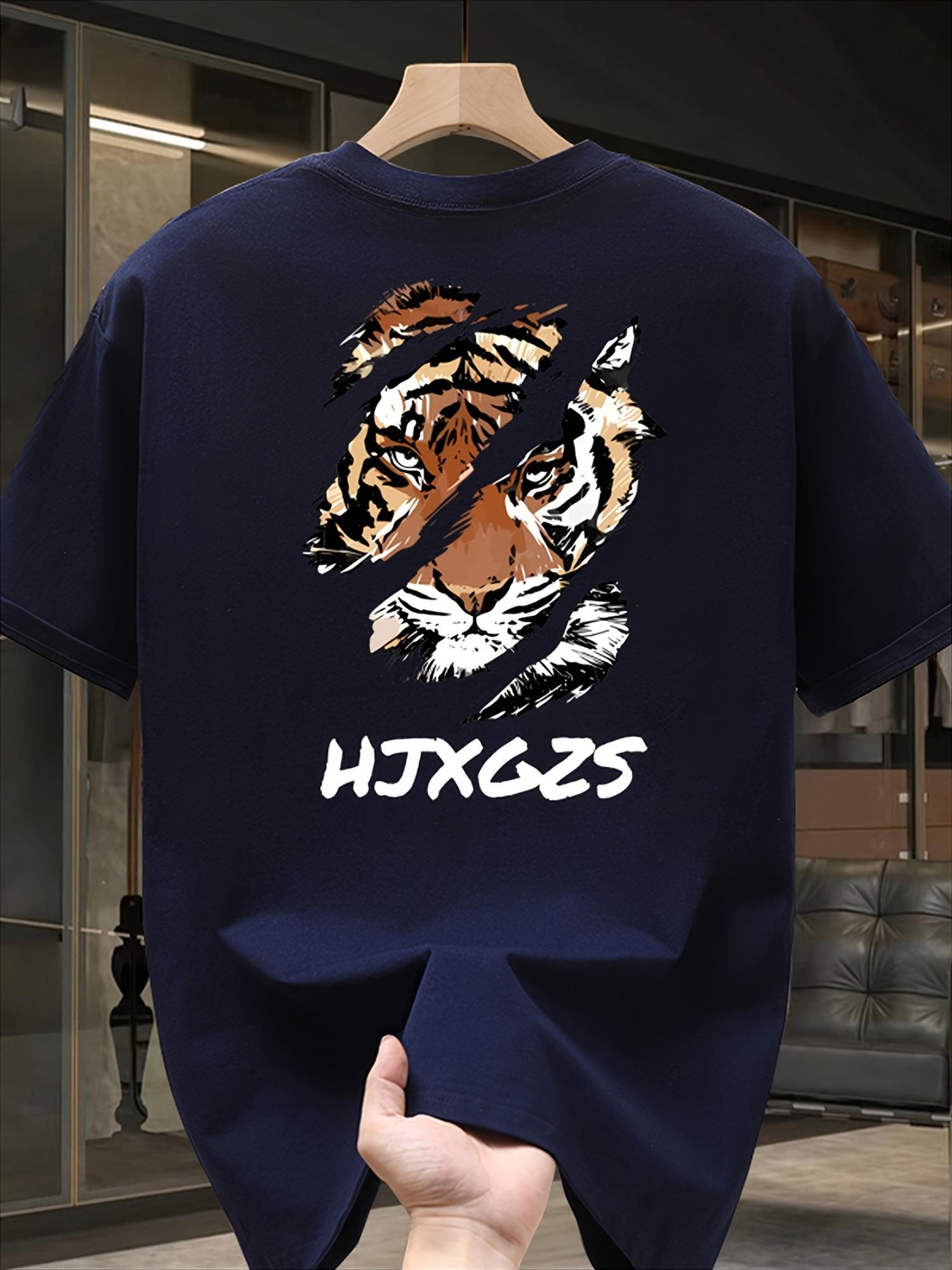 Mens cotton tshirt Summer 2024 crew neck regular fit bold tiger head and HXGS print casual and versatile top 4XL