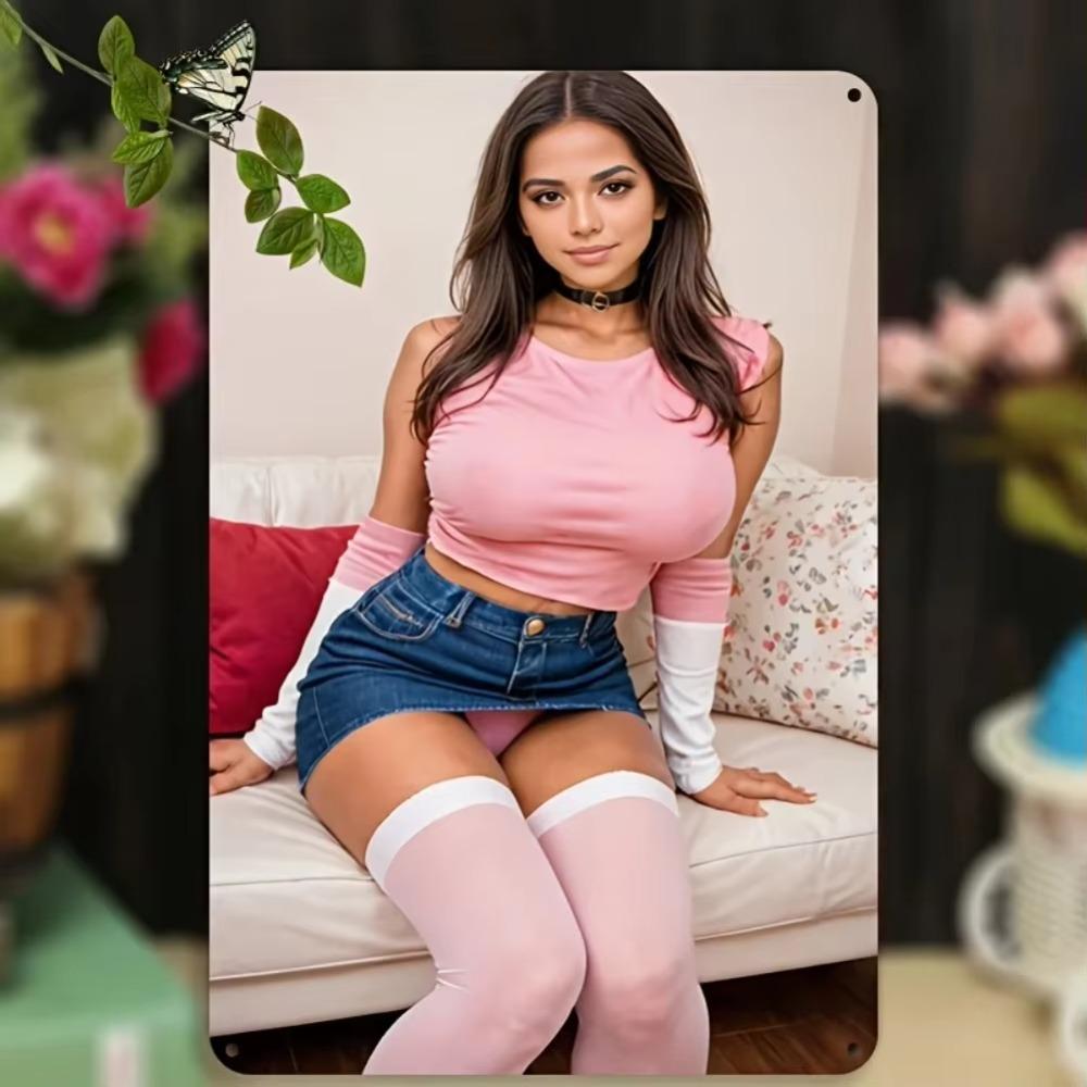 Винтажная девушка в розовом топе джинсовой юбке Металлическое настенное украшение Плоское 2D произведение искусства 20x30cm белый