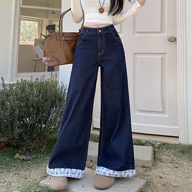Damen Übergröße Hohe Taille Patchwork Schmetterling Bestickt Weites Bein Jeans