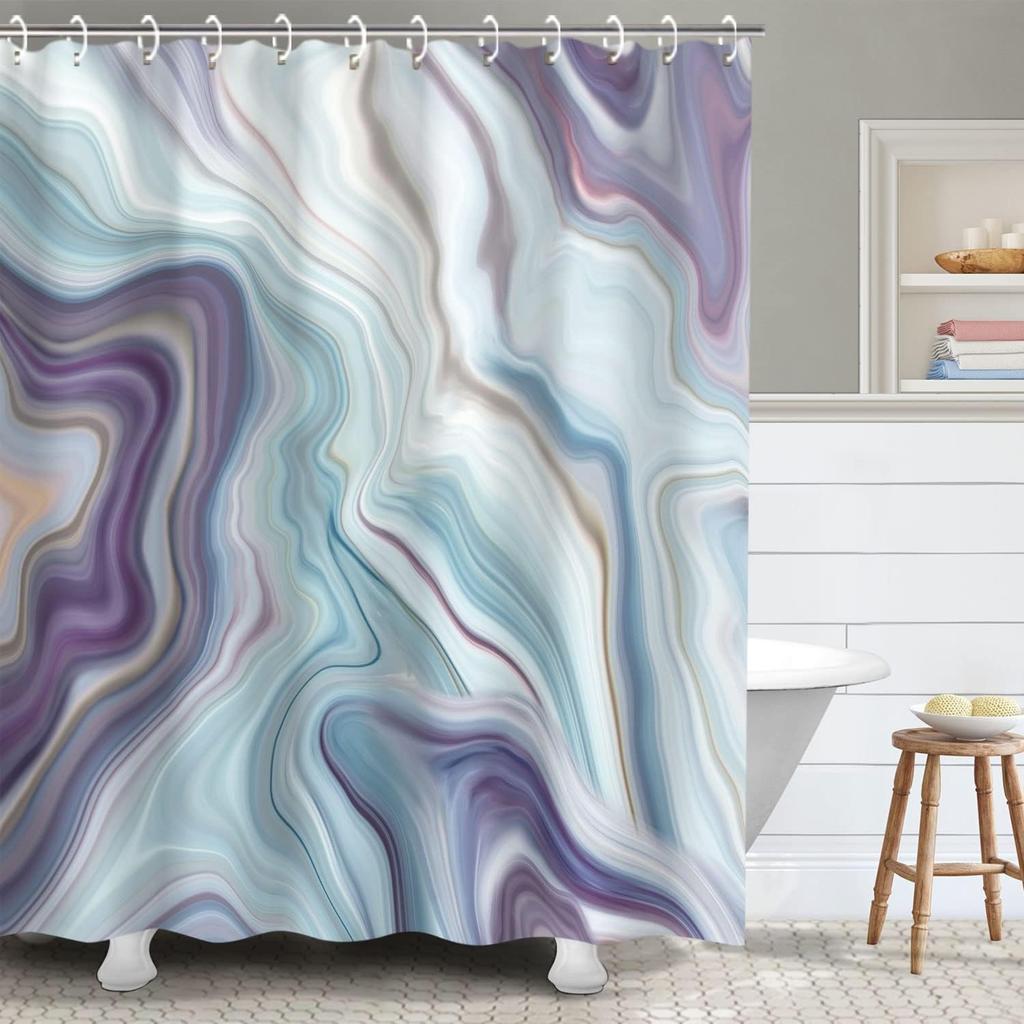 Blue Marble Shower Curtain, Abstract Teal Navy Ombre Striped Design With Hooks
