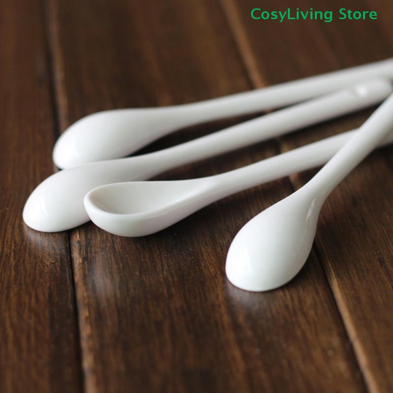 5PCS Mini Ceramic Tea Coffee Sugar Dessert Spoon Porcelain Spoons Kitchen Pure White Flatware