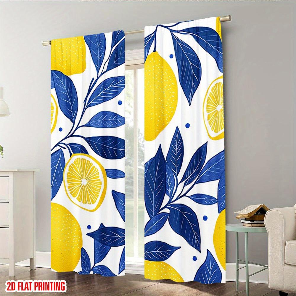 Modern Yellow Blue Lemon Print Curtains Botanical Floral Leaf Pattern Window Drapes Bright Citrus Summer Home Decor Kitchen Bath