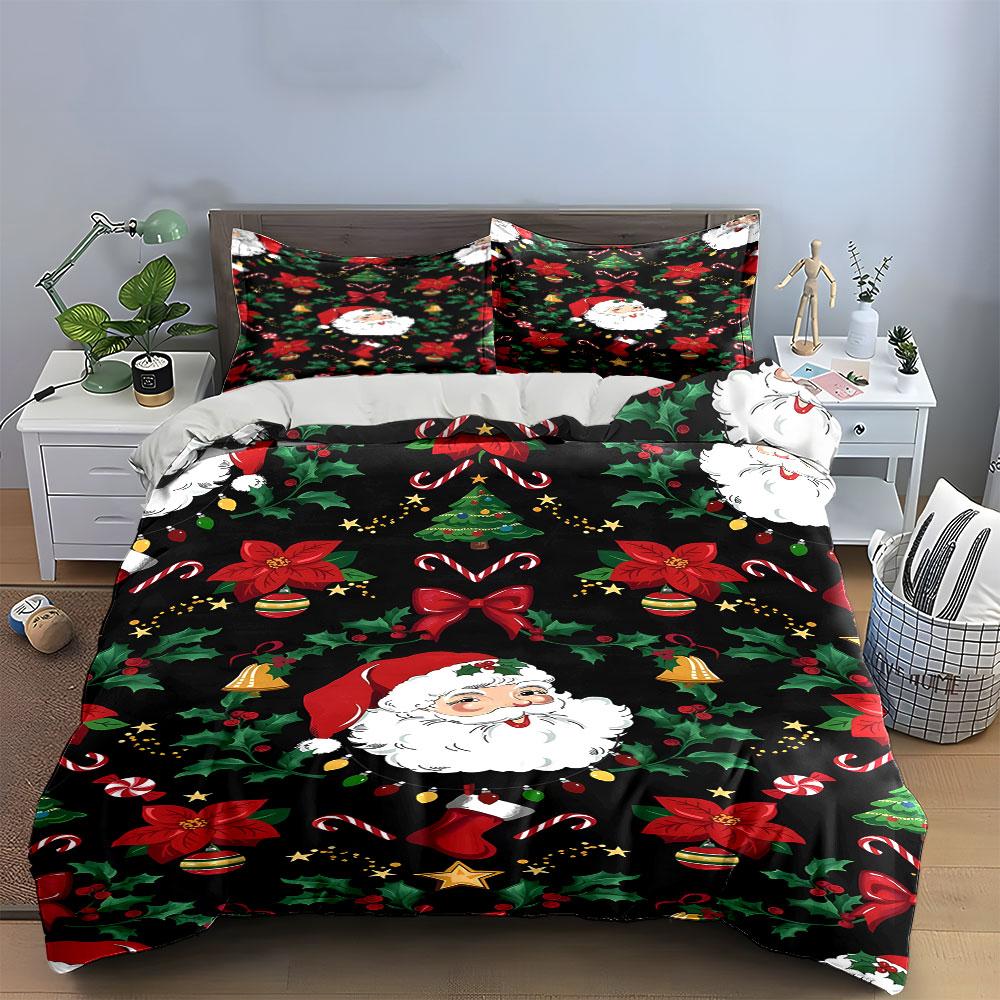 Christmas Santa and Holly Pattern Bedding Duvet Cover Set Duvet Cover Pillowcases  (1*Duvet Cover 2*Pillowcases, Without Duvet Insert)