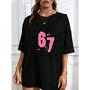 White Crop Top With Pink 67 Number And Stars Print For Casual Wear