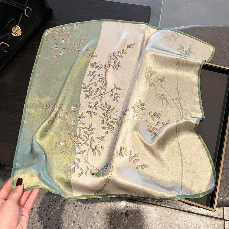 

100% Silk Scarf Tree Pattern Square Scarves for Women Mulberry Silk Kerchief Bandana Fashion Headband Hijab Bag Wrap Handle Tie 53x53cm