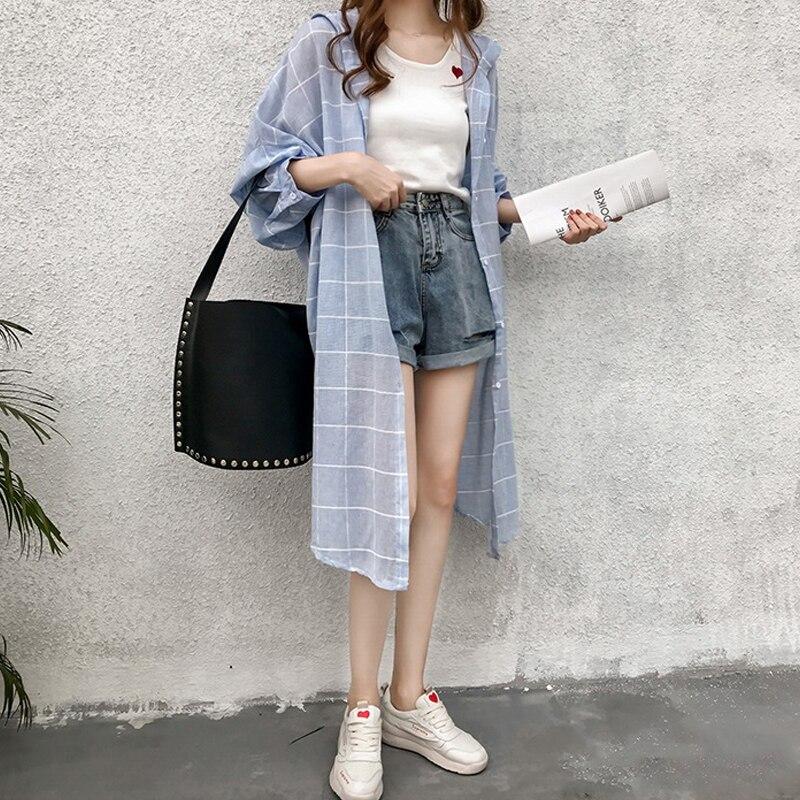 Women Hooded Blouses Loose Long Plaid Blouse Single-breasted Shirts