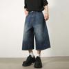 Retro Herren Blaue Cropped Baggy Jeans Weites Bein Denim Kurze Hosen