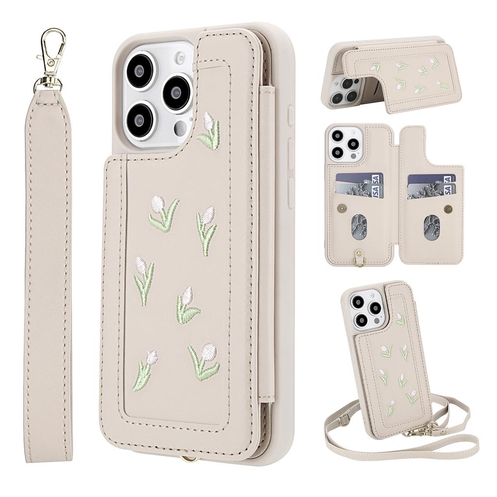 For iPhone 14 Pro Case Embroidered Tulips PU Leather Card Holder Back Cover with Shoulder Strap/Wrist Strap