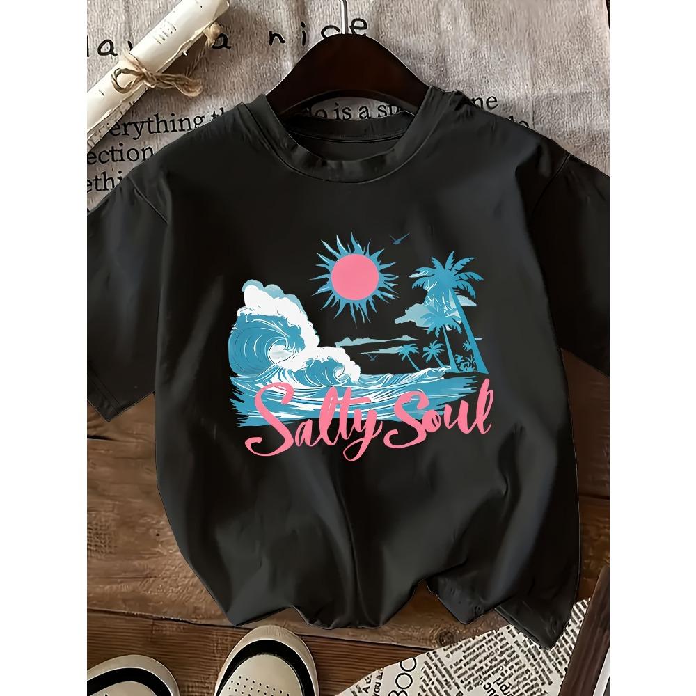Summer Vacation Style Graphic Printed Short-sleeved T-shirt, Round Neck Casual Top,
