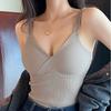 Womens Cross V Neck Ribbed Thermal Vest Removable Padding Slim Fit Long Camisole