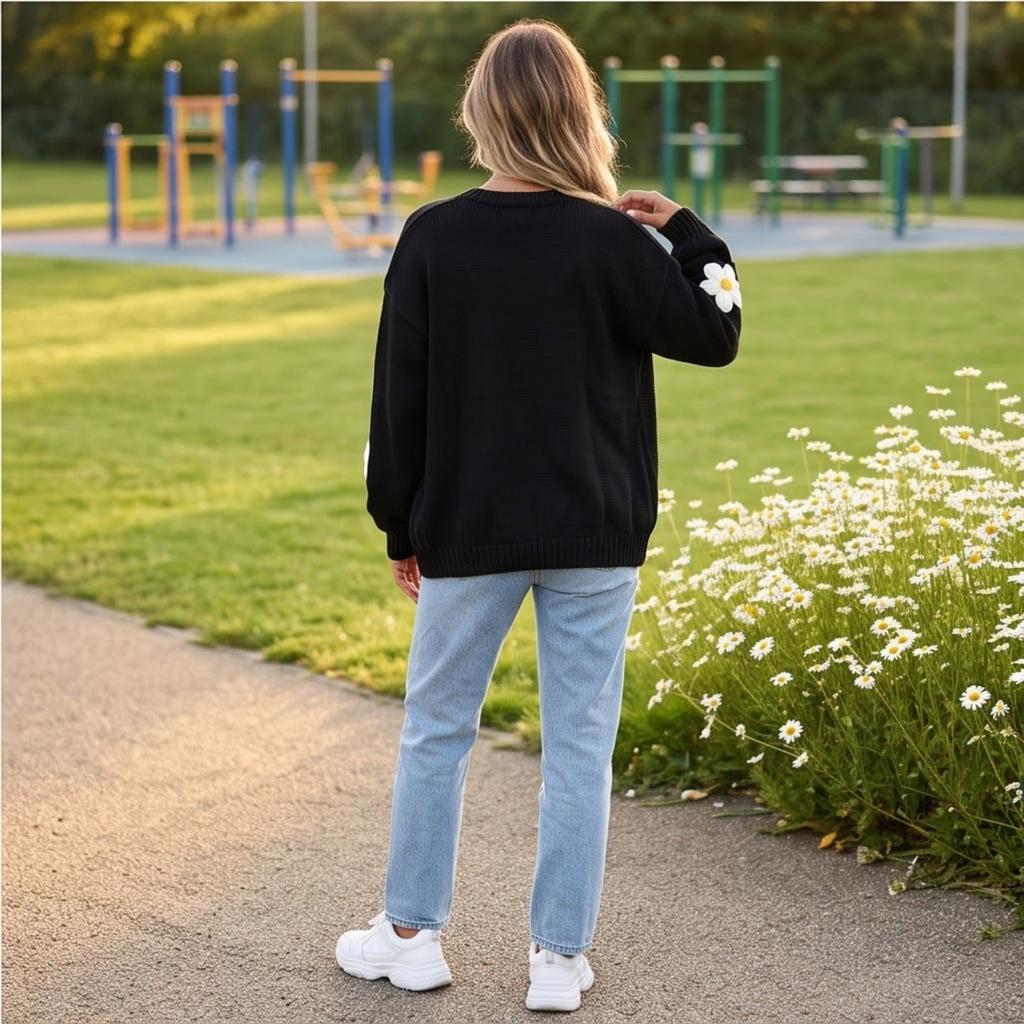 Women's Loose Fit Knitted Cardigan Color with Large Floral Print for Casual Everyday Wear